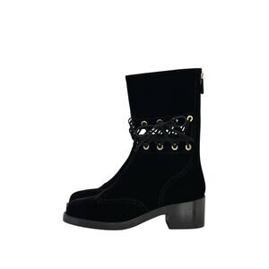 NWOB Chanel Black Velvet Lace Mid Calf Boots Sz 40.5